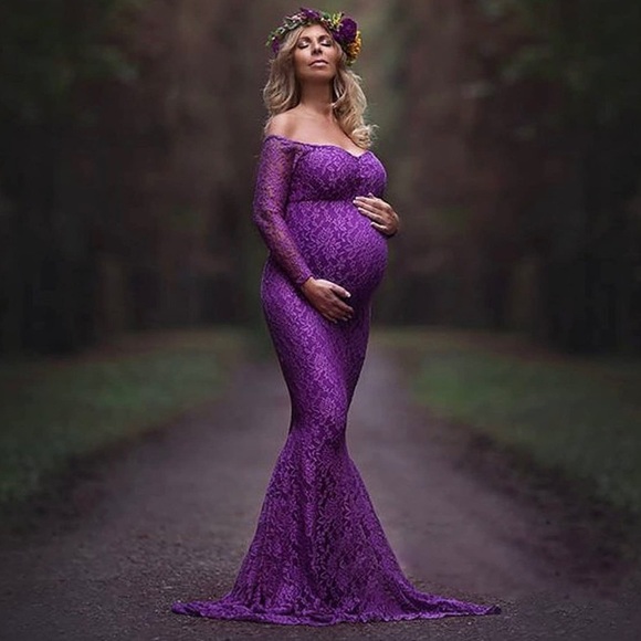 Purple Lace Off The Shoulder Maternity Maxi Dress - Picture 9 of 9